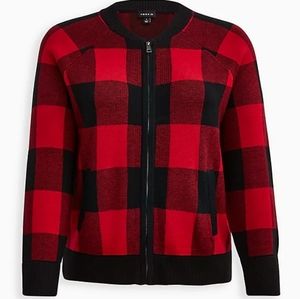 RAGLAN CARDIGAN SWEATER - PLAID RED